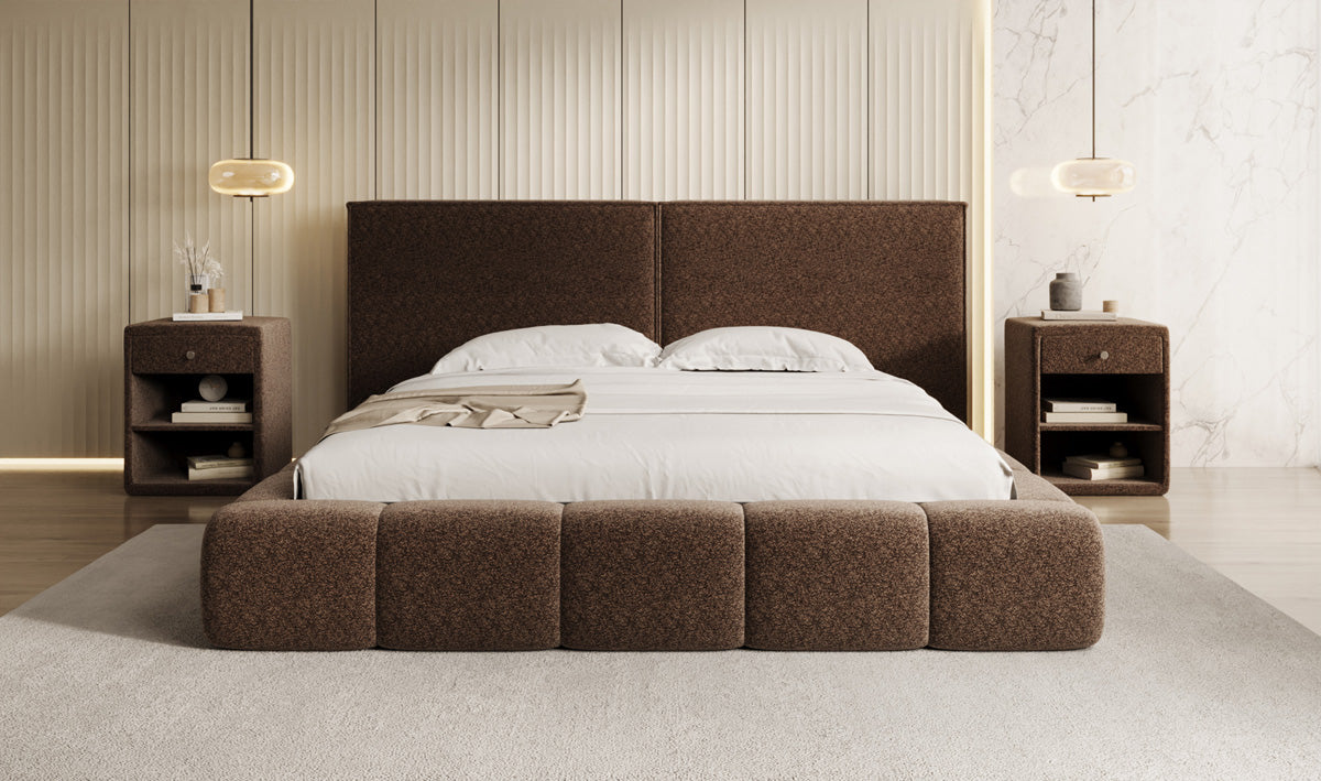 Designer gestoffeerd bed Elise in structuurstof met opbergruimte