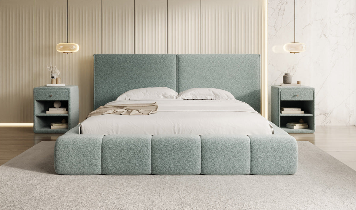 Designer gestoffeerd bed Elise in structuurstof met opbergruimte