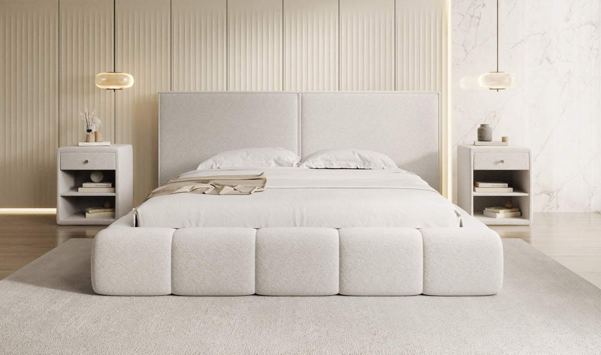 Designer gestoffeerd bed Elise in structuurstof met opbergruimte