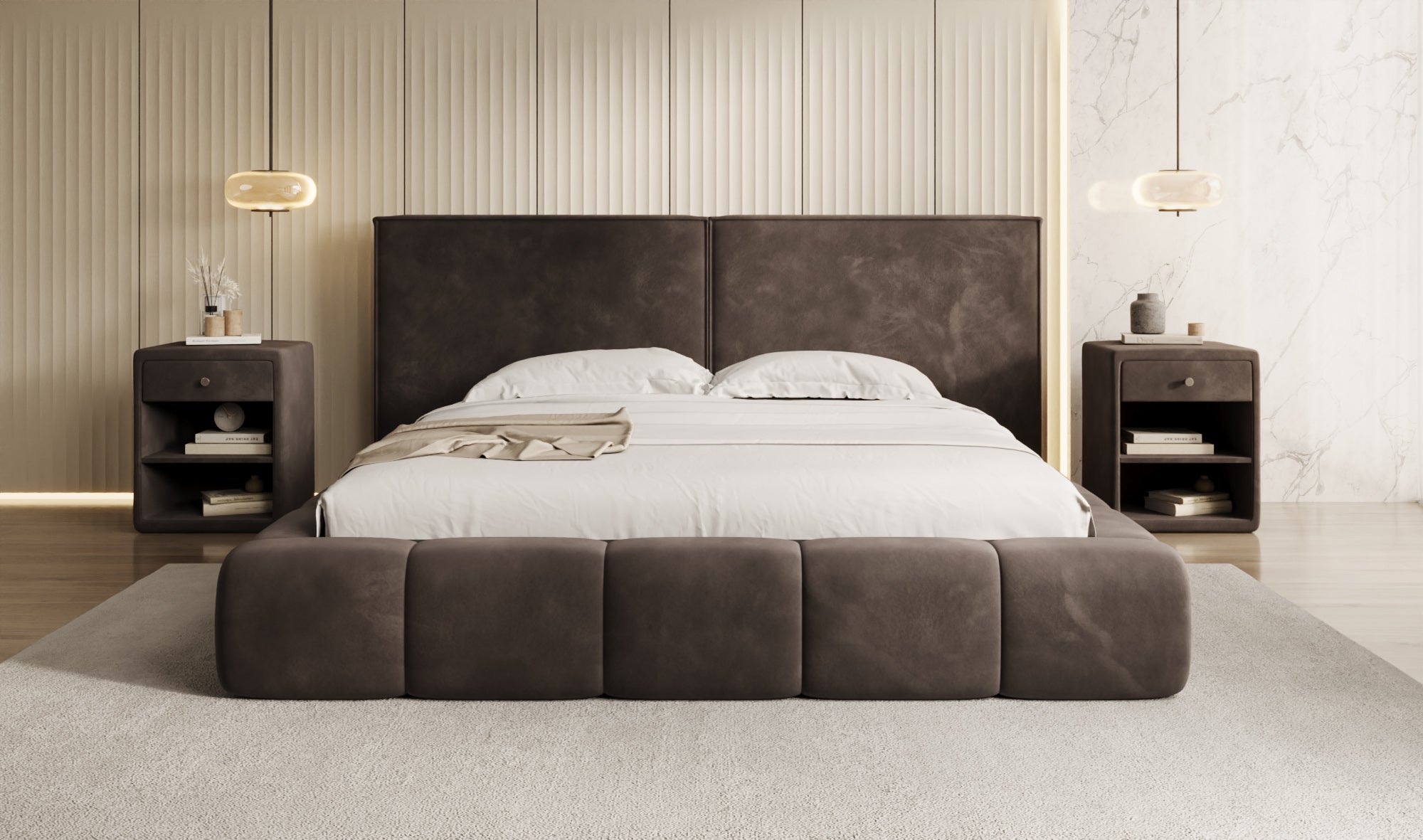 Design gestoffeerd bed Elise in Fluweel met opbergruimte