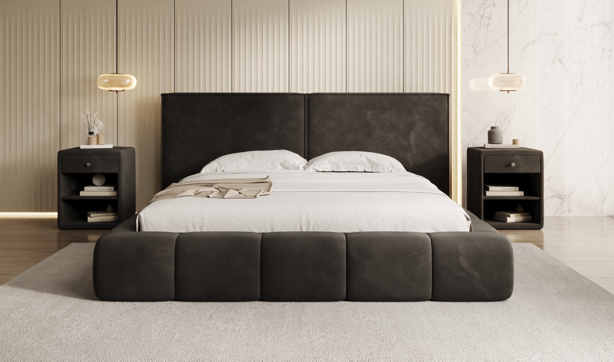Design gestoffeerd bed Elise in Fluweel met opbergruimte