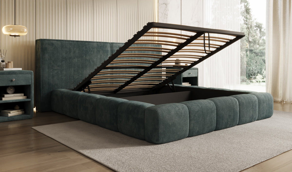 Designer gestoffeerd bed Elise in Ribstof met opbergruimte