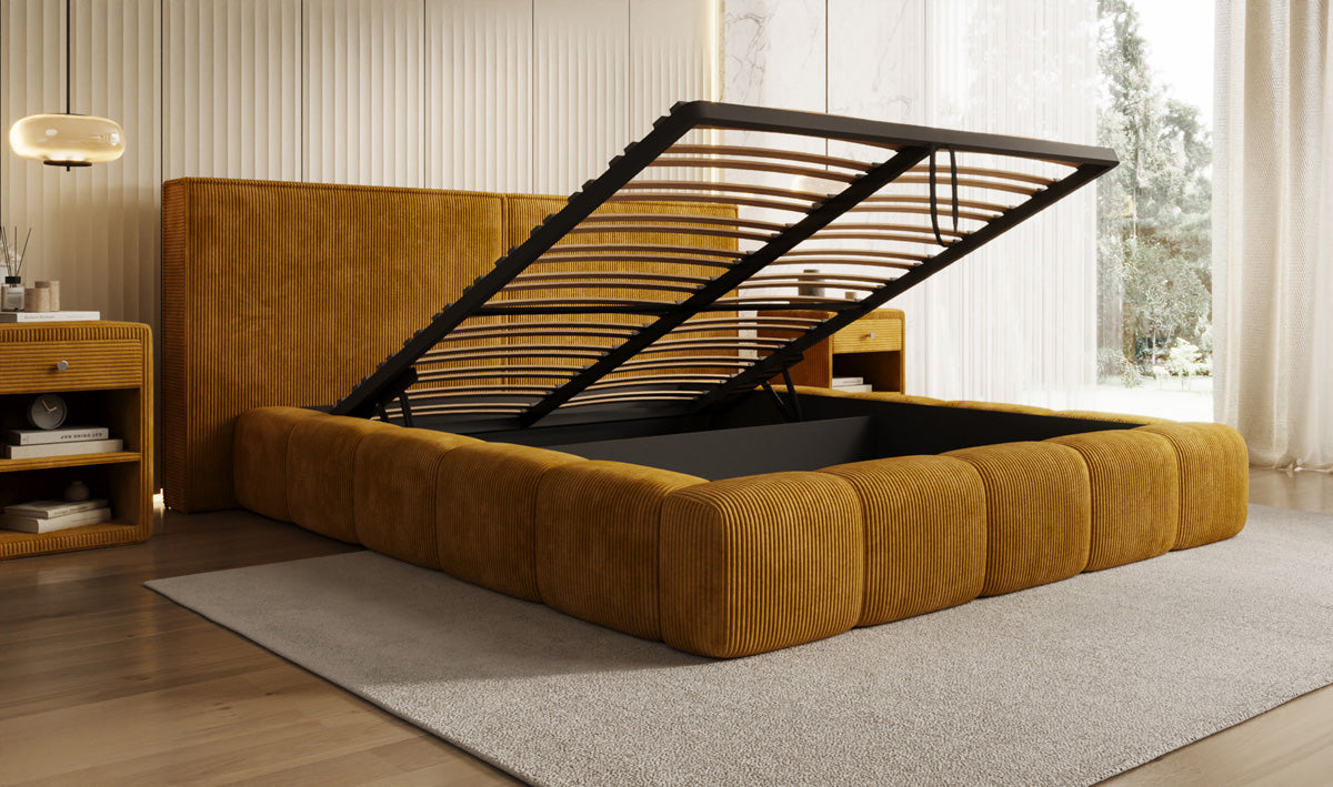 Designer gestoffeerd bed Elise in Ribstof met opbergruimte