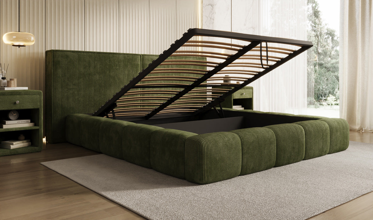Designer gestoffeerd bed Elise in Ribstof met opbergruimte