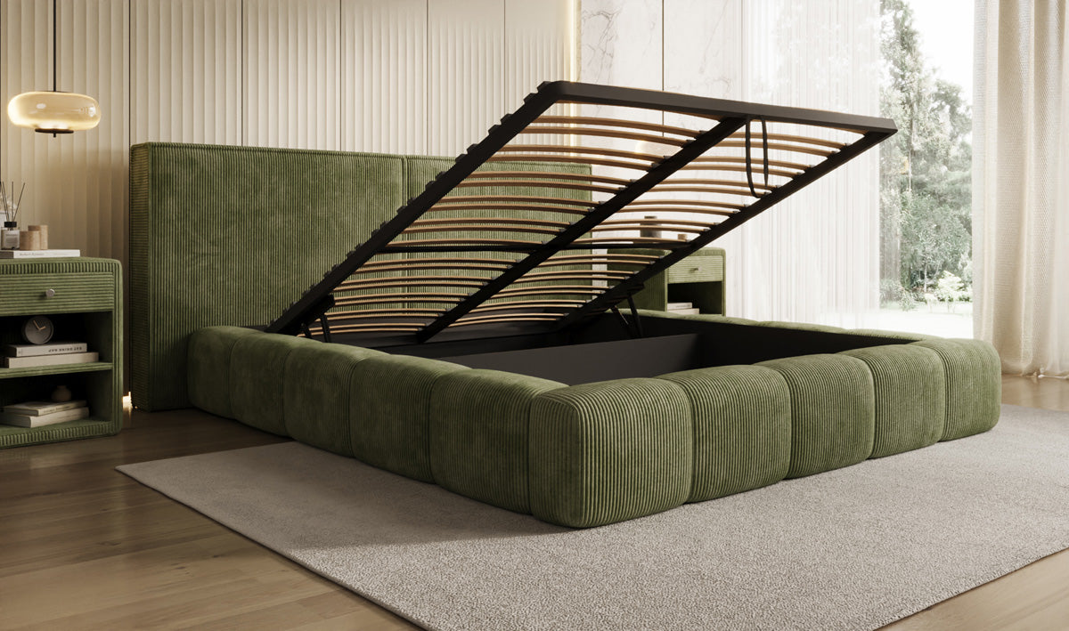 Designer gestoffeerd bed Elise in Ribstof met opbergruimte