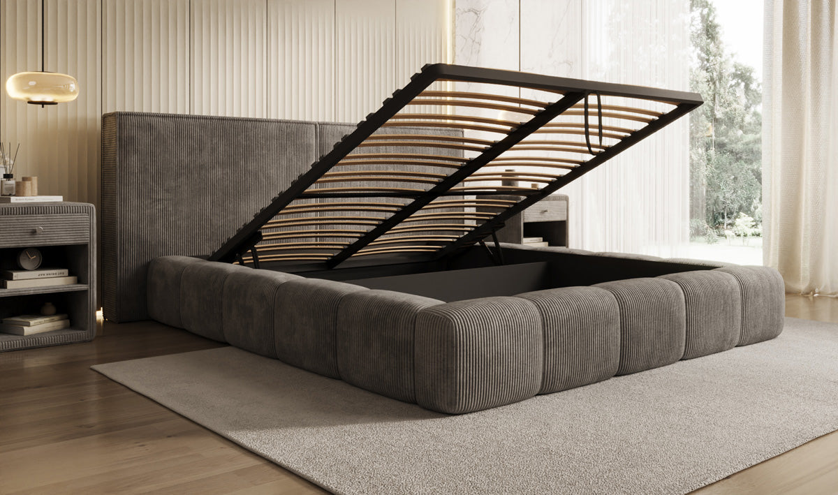 Designer gestoffeerd bed Elise in Ribstof met opbergruimte