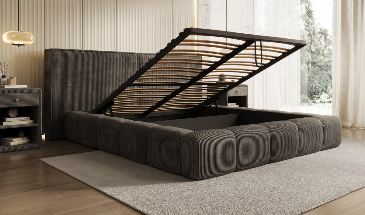 Designer gestoffeerd bed Elise in Ribstof met opbergruimte