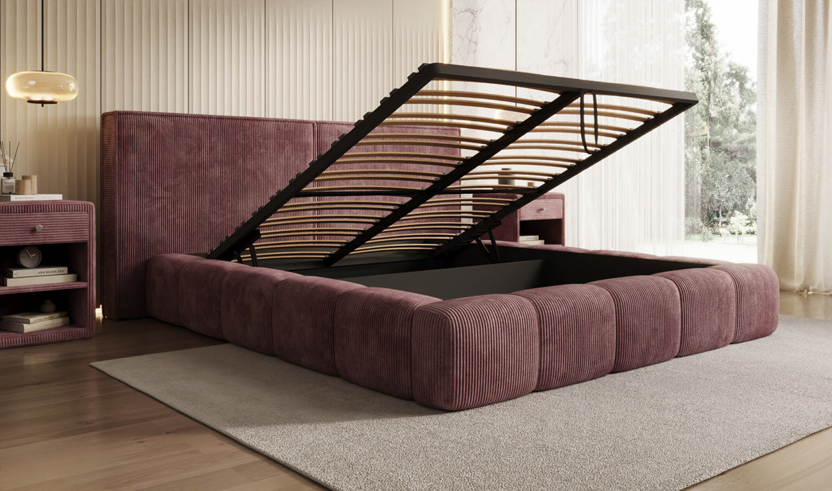 Designer gestoffeerd bed Elise in Ribstof met opbergruimte