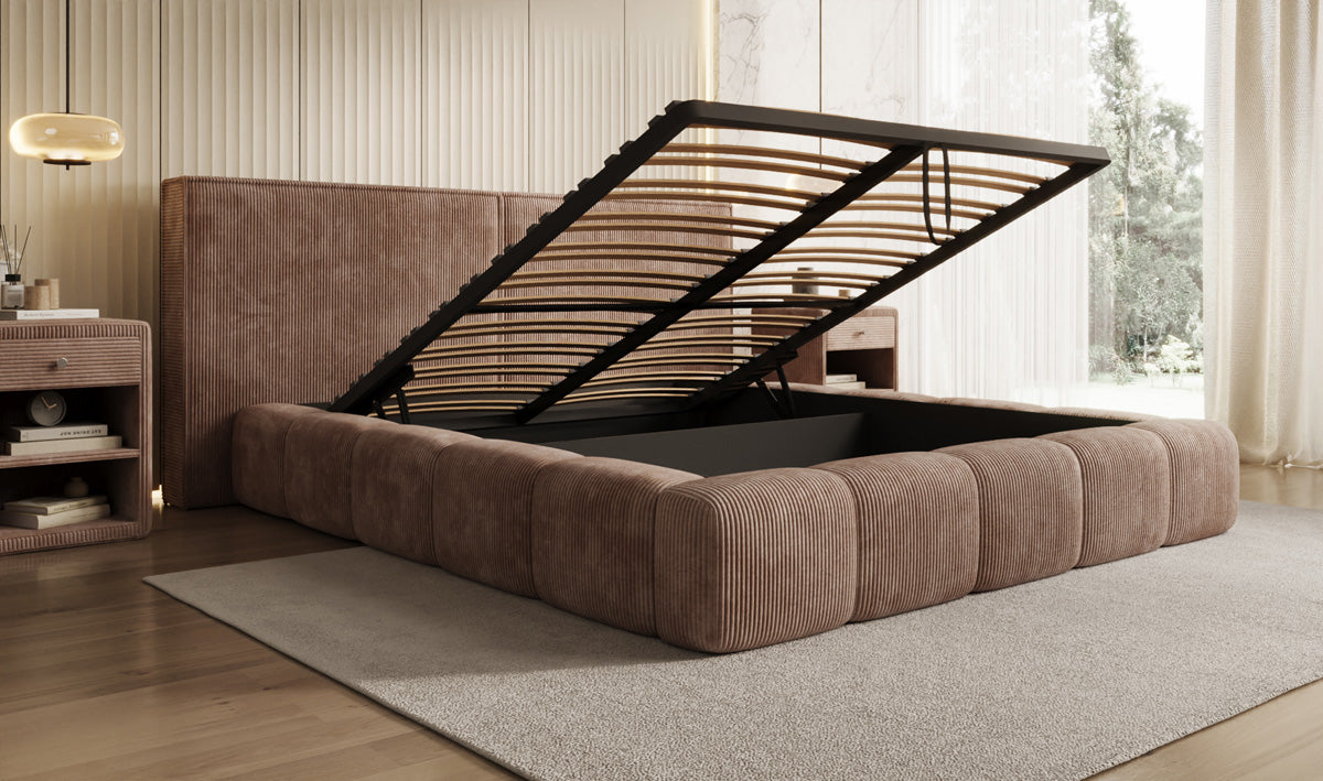 Designer gestoffeerd bed Elise in Ribstof met opbergruimte