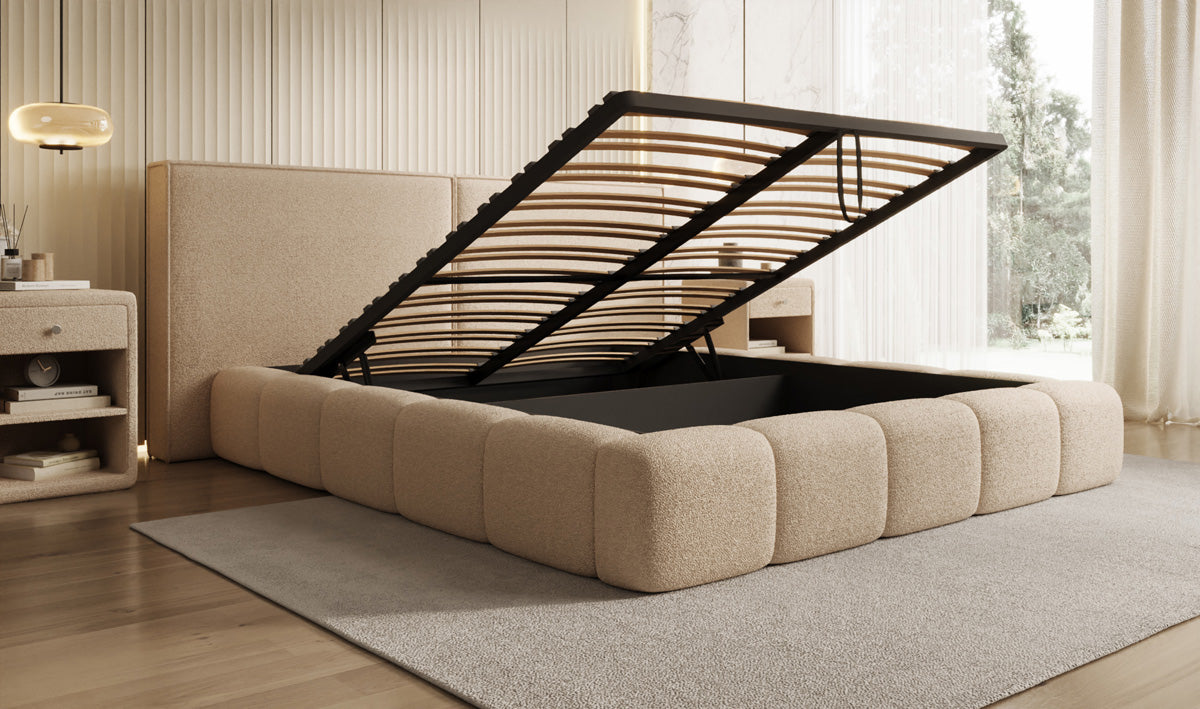 Designer gestoffeerd bed Elise in Teddystof Bouclé met opbergruimte