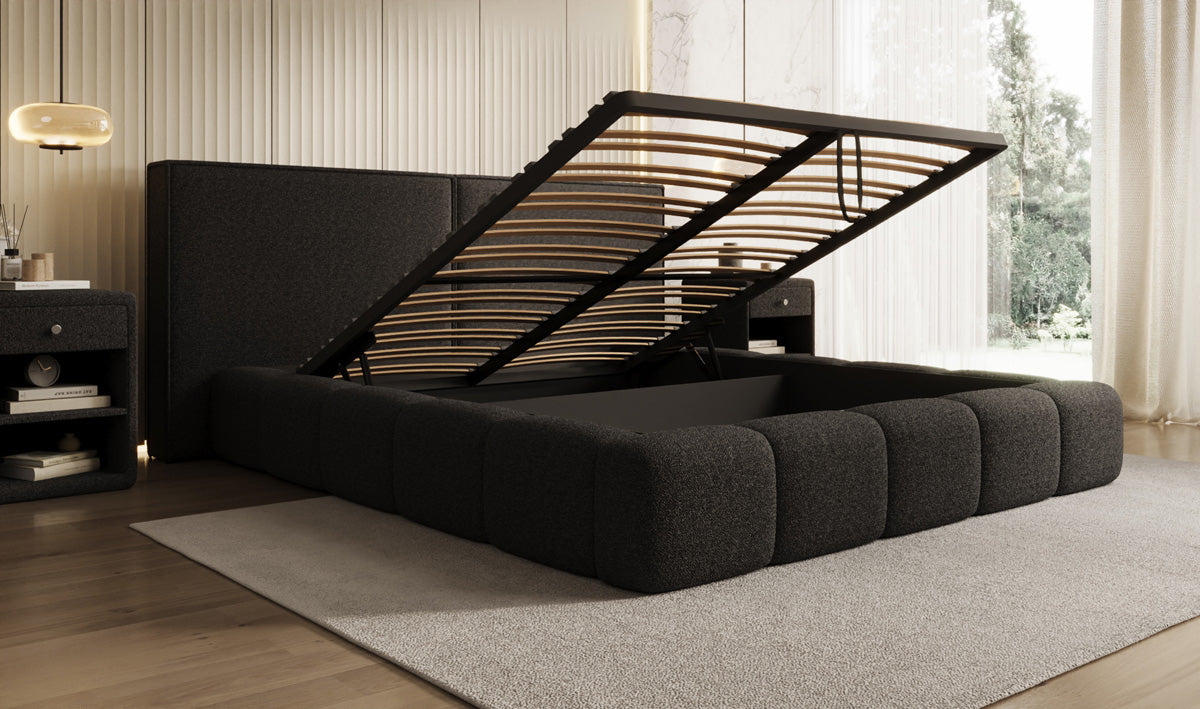 Designer gestoffeerd bed Elise in Teddystof Bouclé met opbergruimte