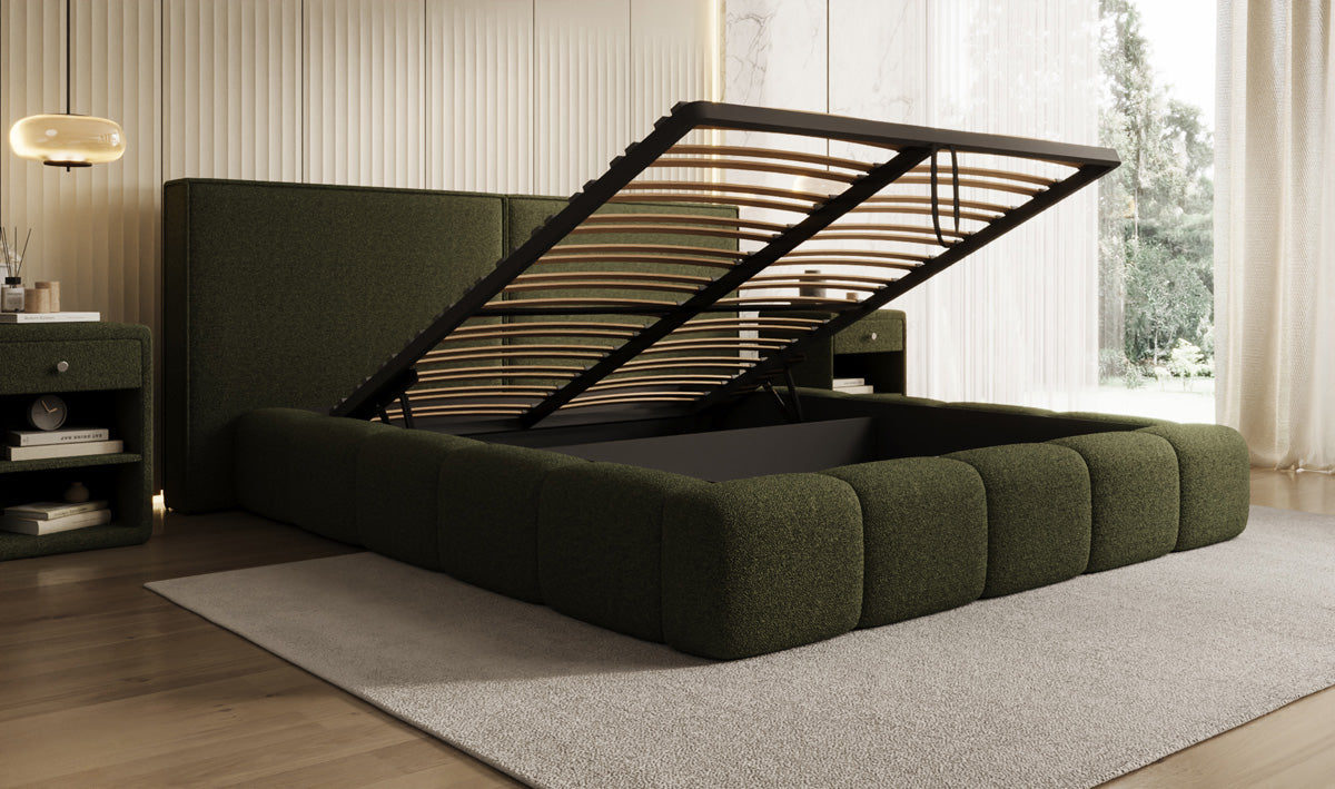 Designer gestoffeerd bed Elise in Teddystof Bouclé met opbergruimte