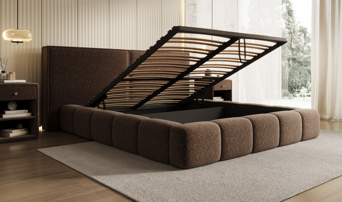 Designer gestoffeerd bed Elise in structuurstof met opbergruimte