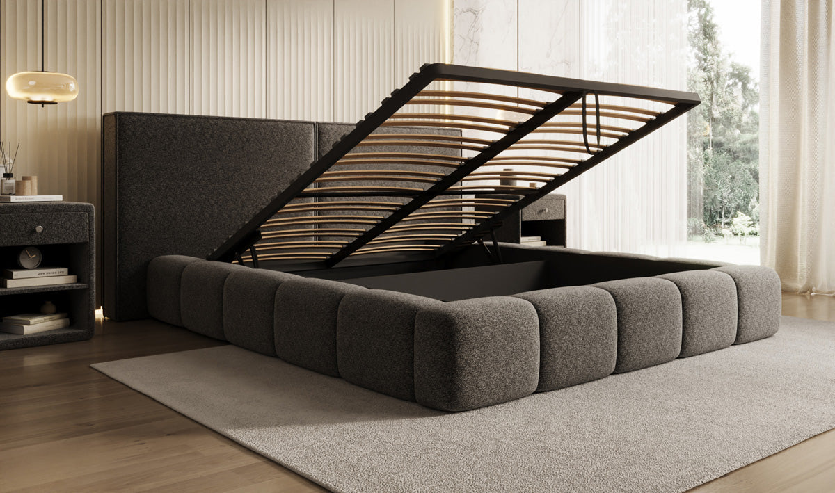 Designer gestoffeerd bed Elise in structuurstof met opbergruimte
