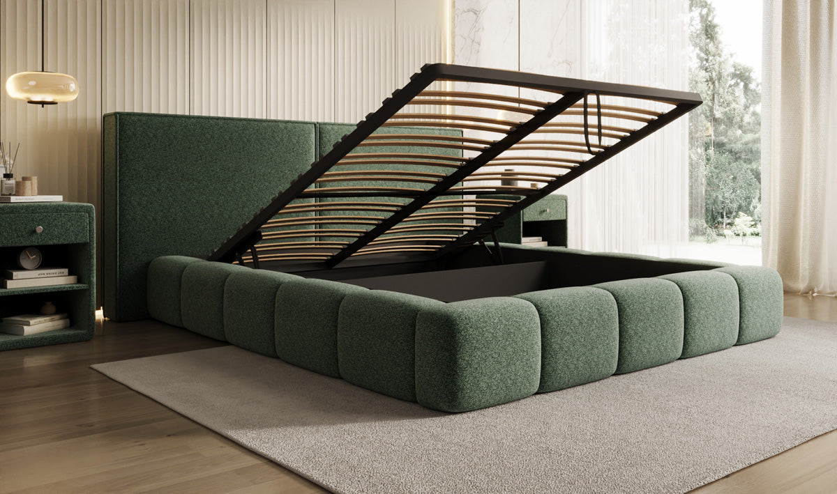Designer gestoffeerd bed Elise in structuurstof met opbergruimte