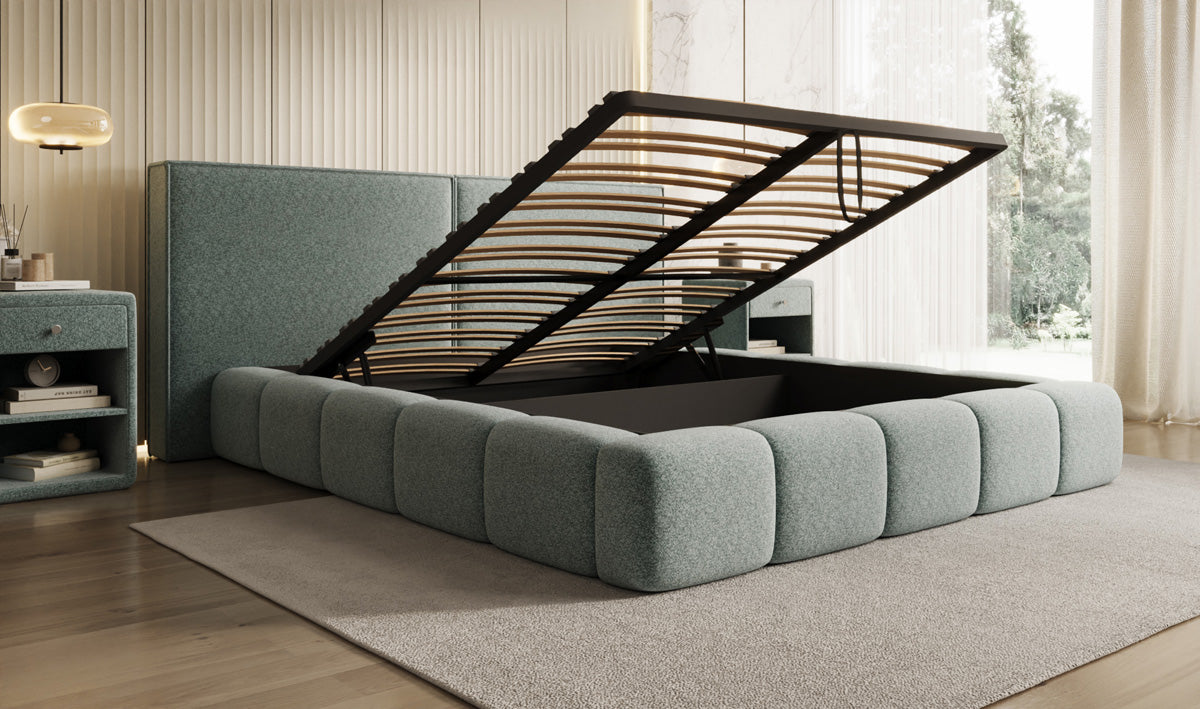 Designer gestoffeerd bed Elise in structuurstof met opbergruimte