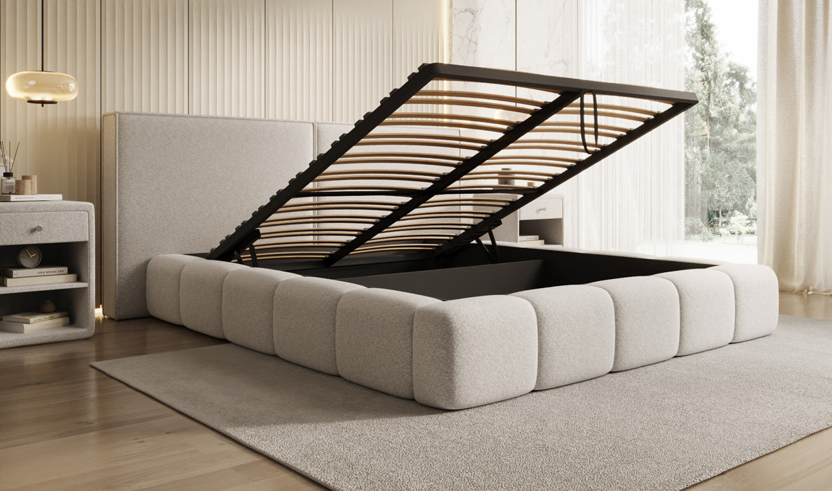 Designer gestoffeerd bed Elise in structuurstof met opbergruimte