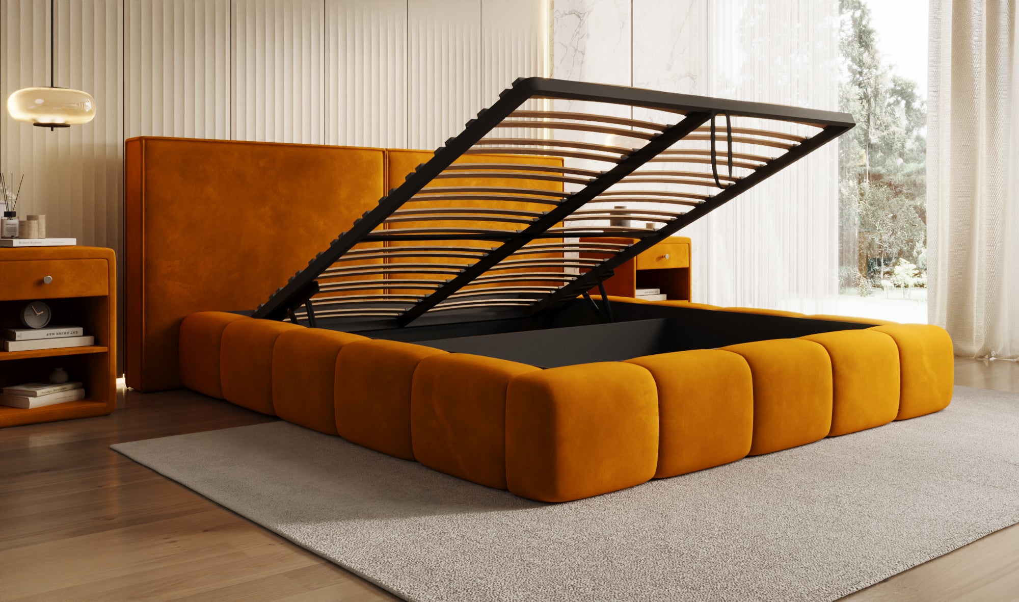Design gestoffeerd bed Elise in Fluweel met opbergruimte