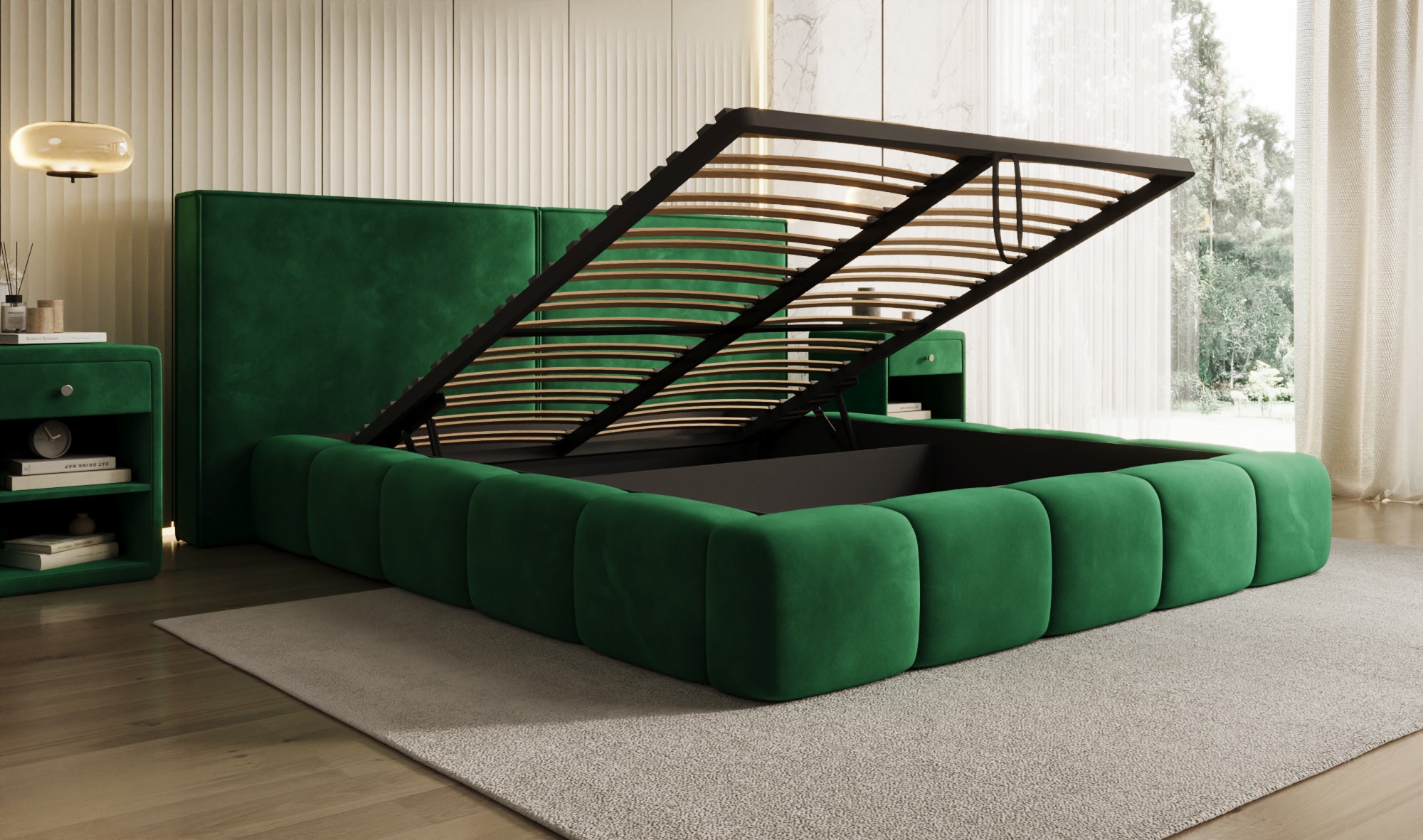 Design gestoffeerd bed Elise in Fluweel met opbergruimte