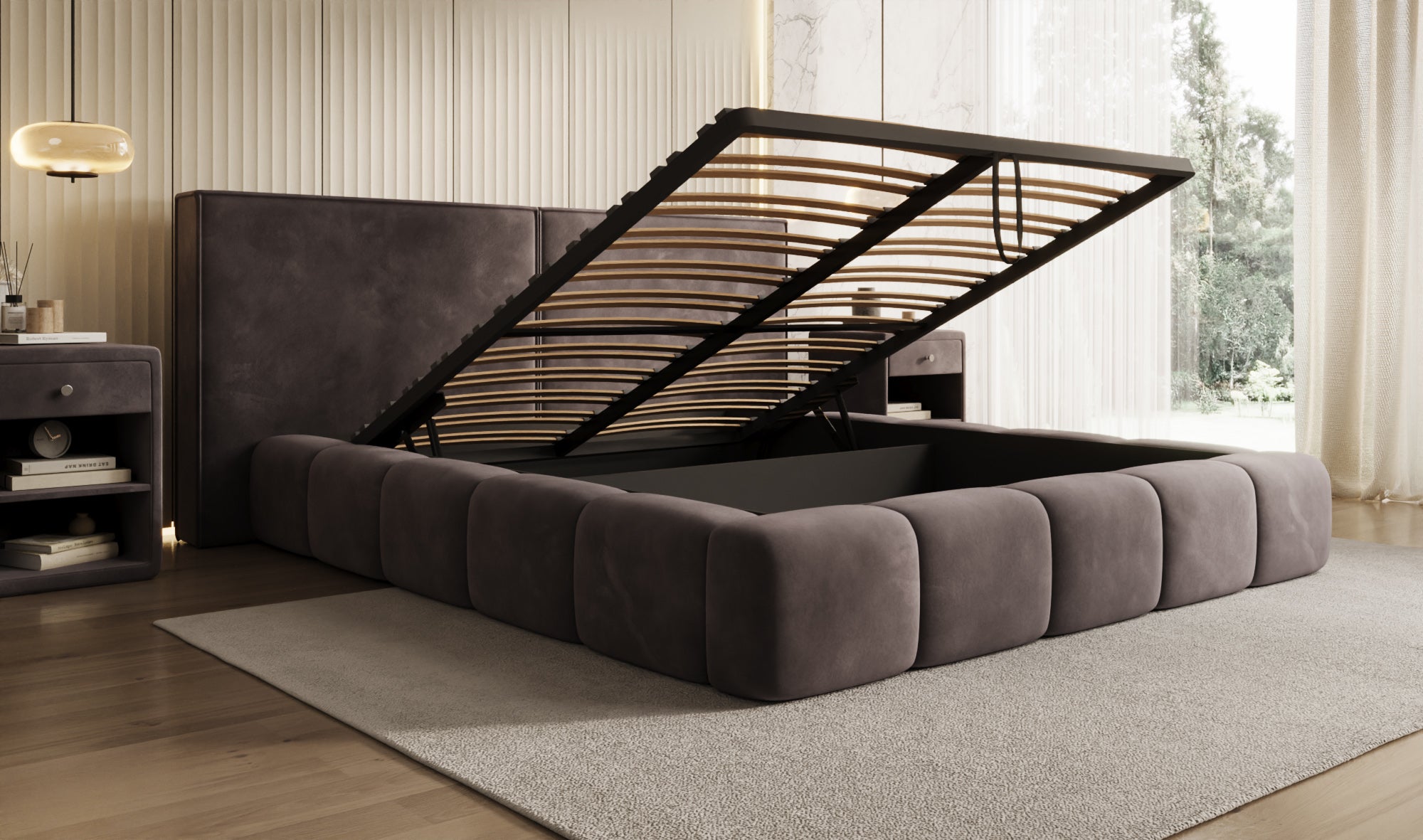 Design gestoffeerd bed Elise in Fluweel met opbergruimte
