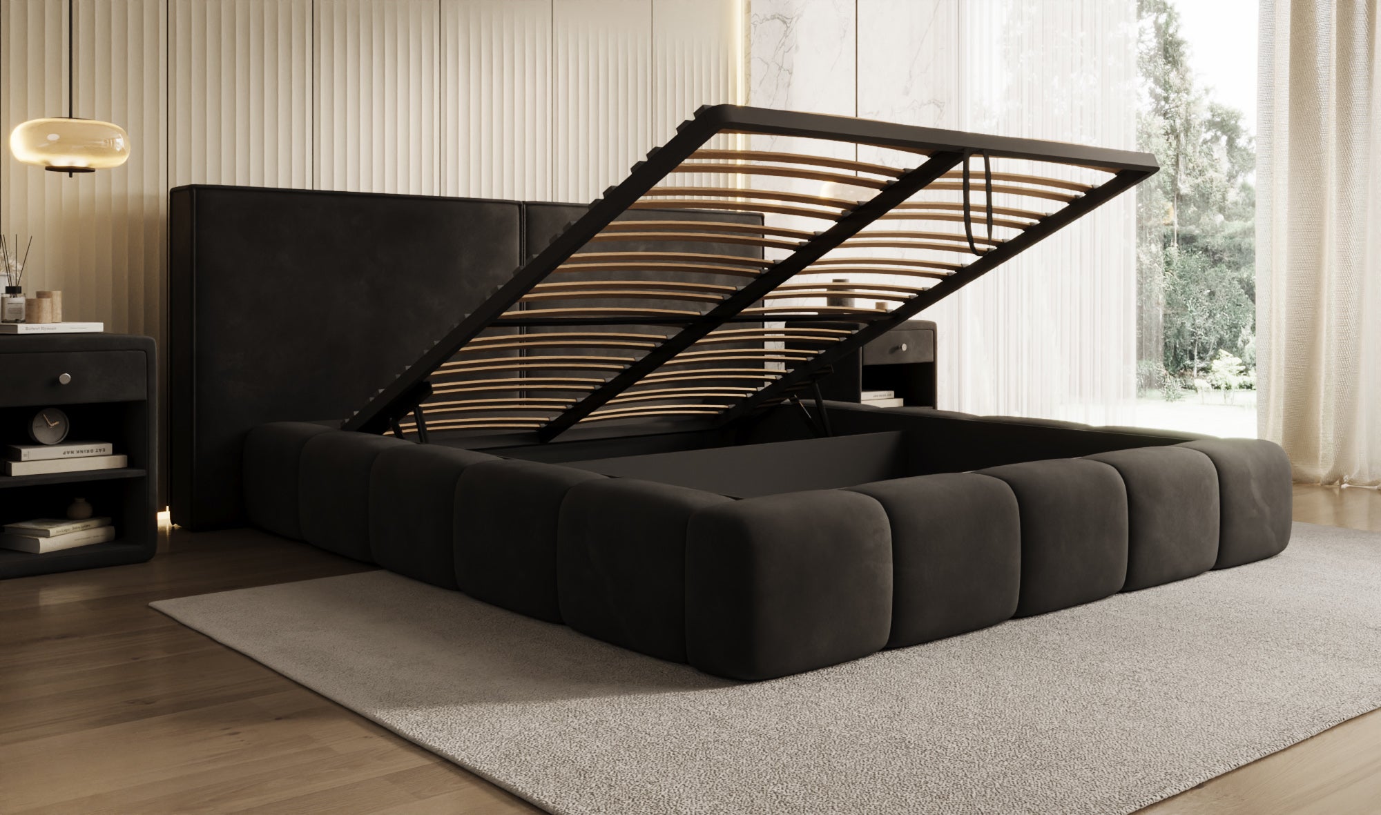 Design gestoffeerd bed Elise in Fluweel met opbergruimte
