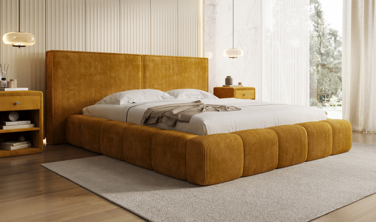 Designer gestoffeerd bed Elise in Ribstof met opbergruimte
