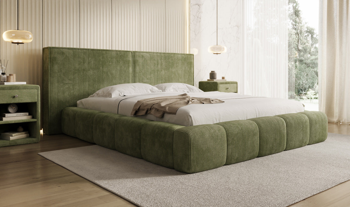 Designer gestoffeerd bed Elise in Ribstof met opbergruimte