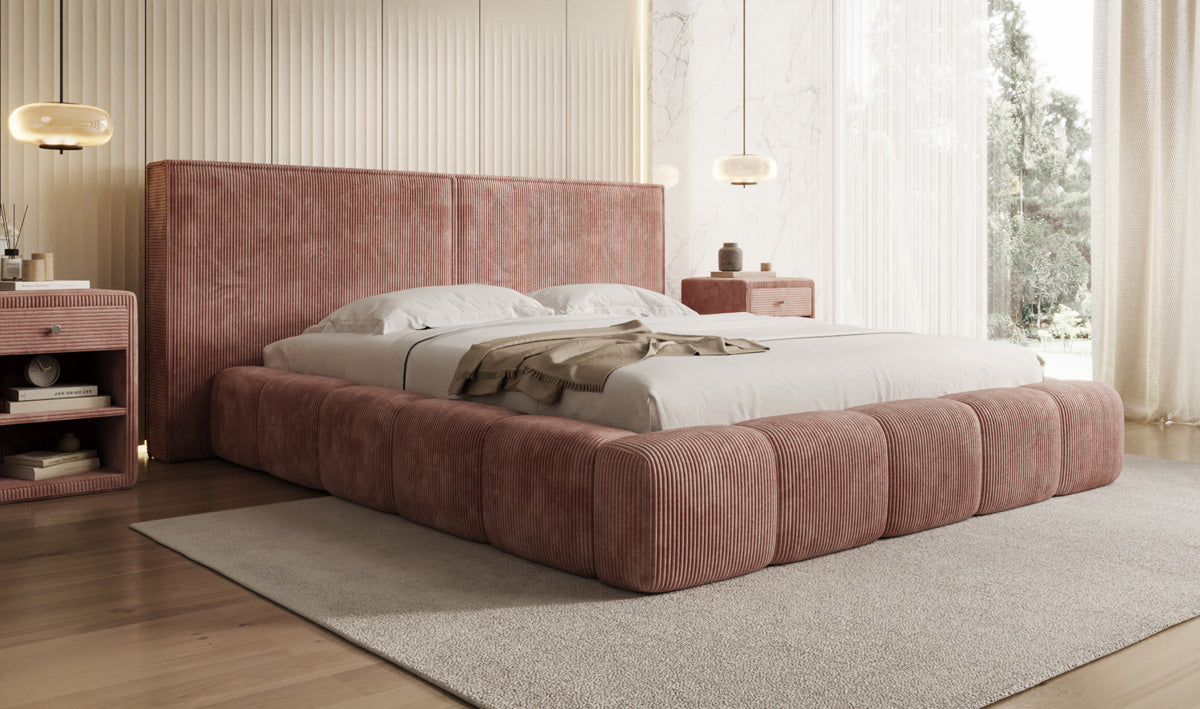 Designer gestoffeerd bed Elise in Ribstof met opbergruimte