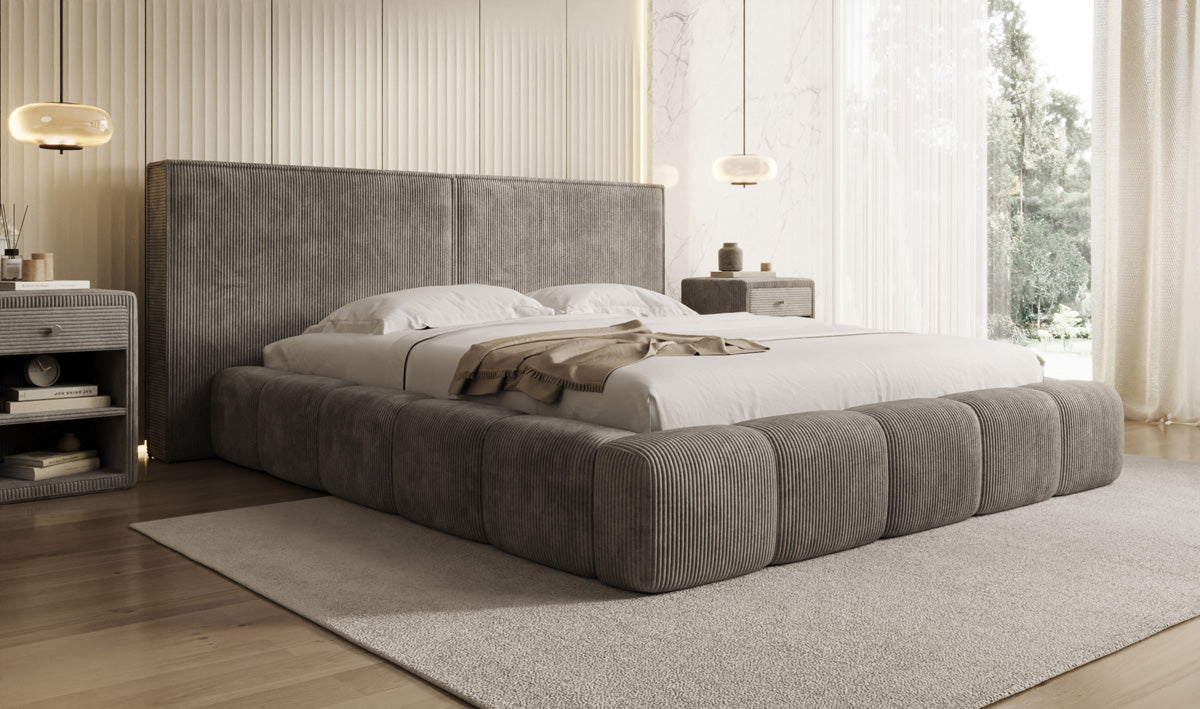 Designer gestoffeerd bed Elise in Ribstof met opbergruimte