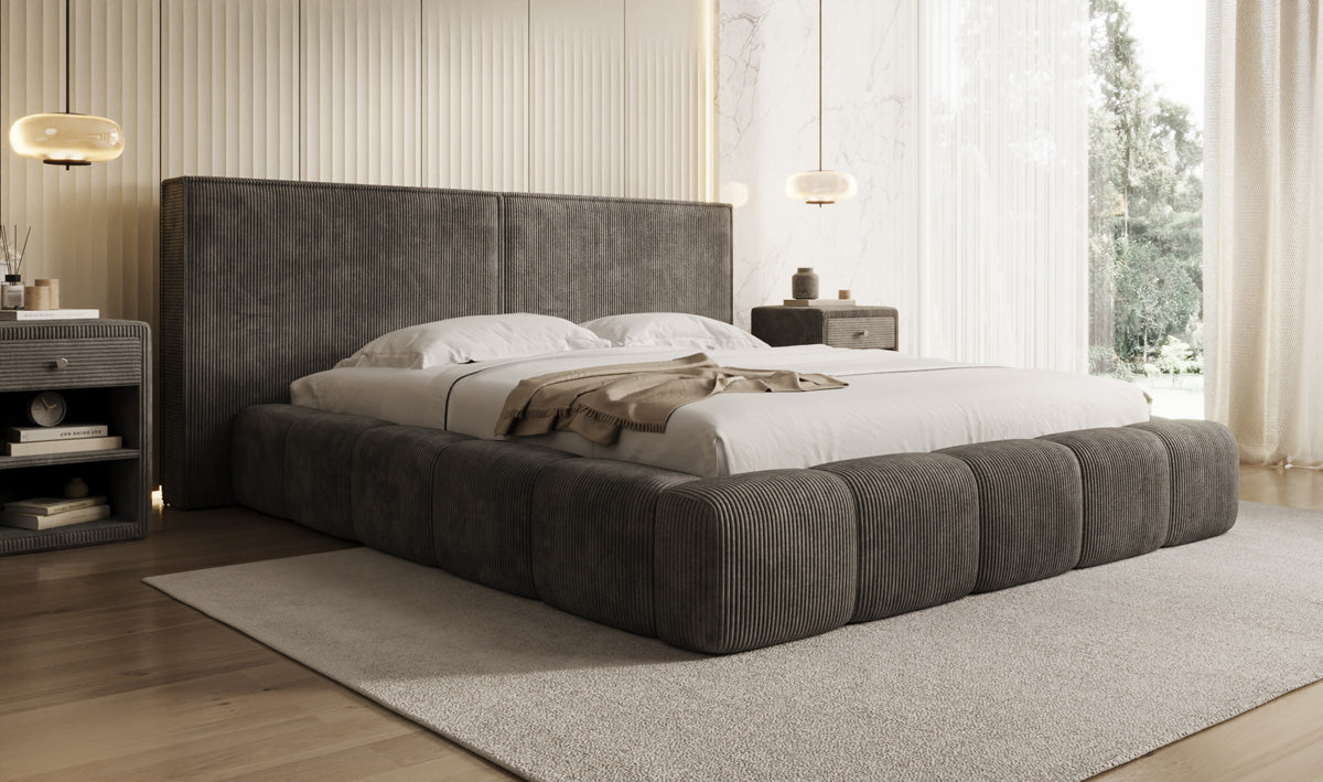 Designer gestoffeerd bed Elise in Ribstof met opbergruimte
