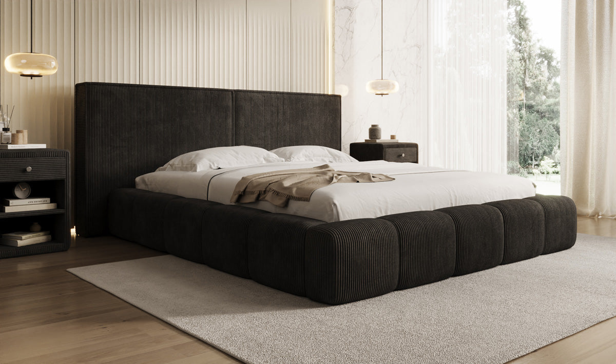 Designer gestoffeerd bed Elise in Ribstof met opbergruimte