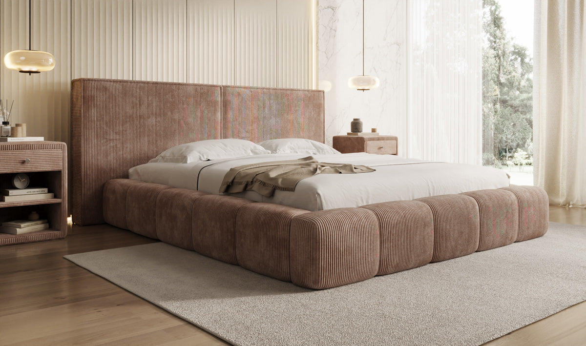 Designer gestoffeerd bed Elise in Ribstof met opbergruimte