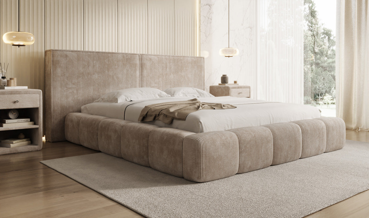Designer gestoffeerd bed Elise in Ribstof met opbergruimte