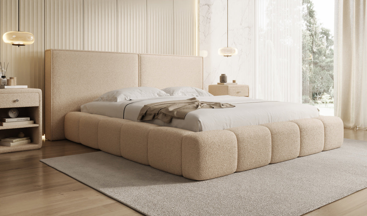 Designer gestoffeerd bed Elise in Teddystof Bouclé met opbergruimte