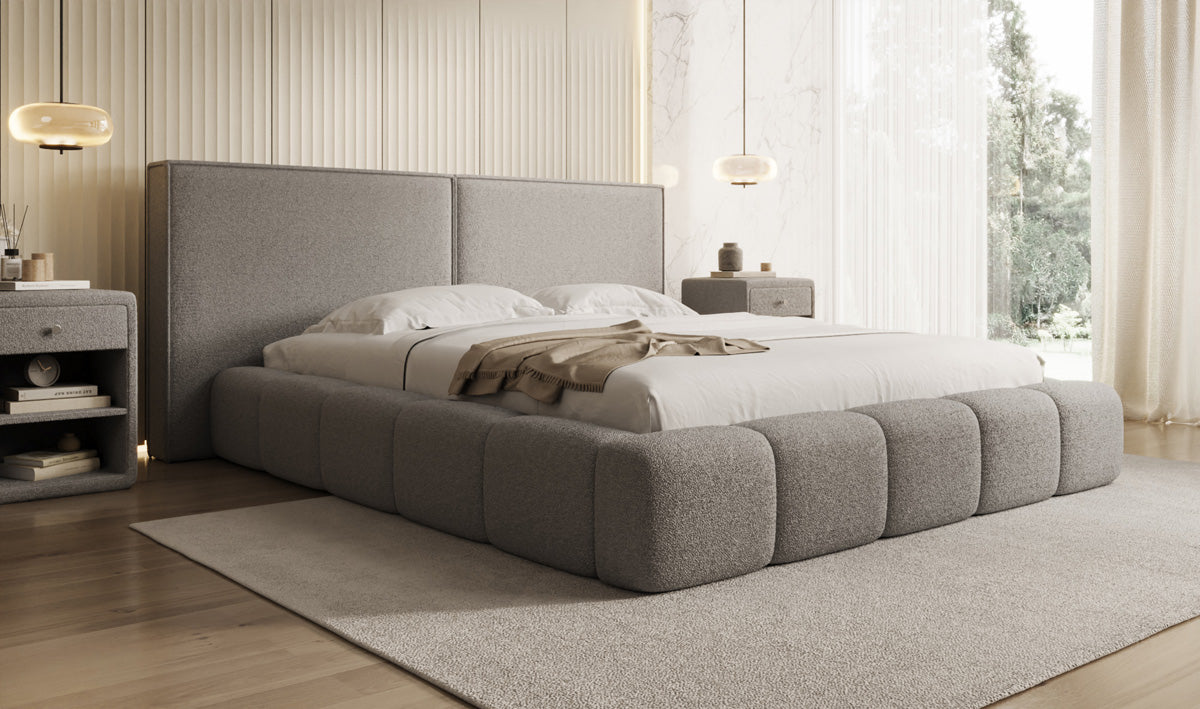 Designer gestoffeerd bed Elise in Teddystof Bouclé met opbergruimte