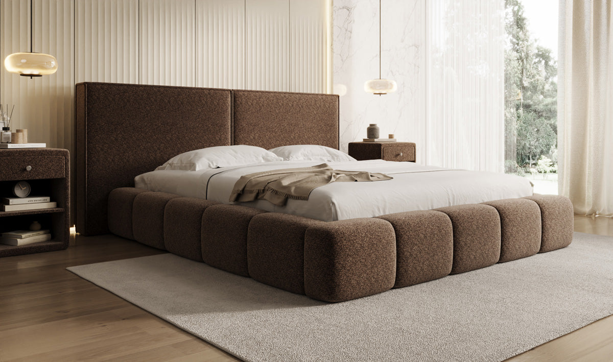 Designer gestoffeerd bed Elise in structuurstof met opbergruimte