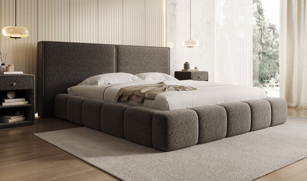 Designer gestoffeerd bed Elise in structuurstof met opbergruimte