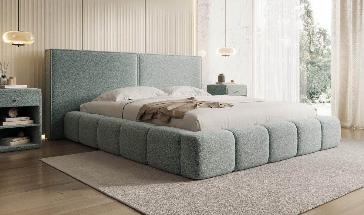 Designer gestoffeerd bed Elise in structuurstof met opbergruimte
