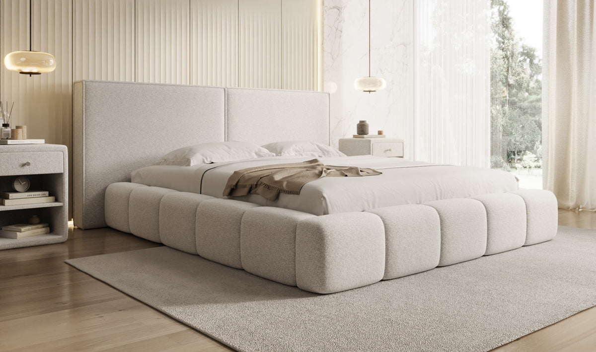 Designer gestoffeerd bed Elise in structuurstof met opbergruimte