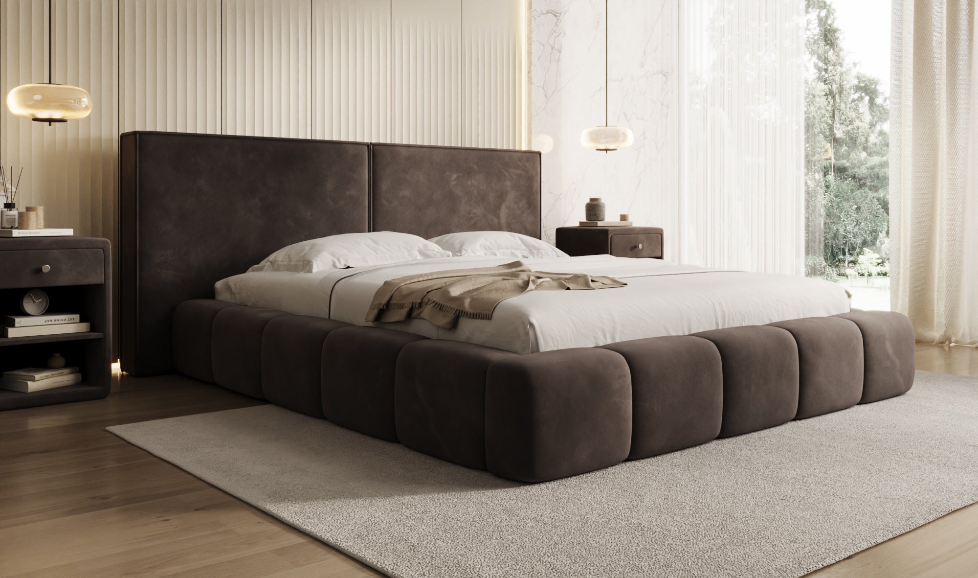Design gestoffeerd bed Elise in Fluweel met opbergruimte