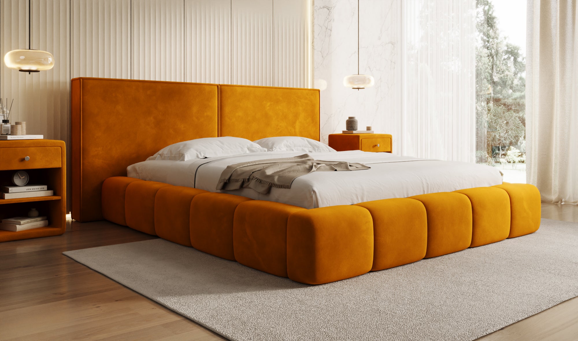 Design gestoffeerd bed Elise in Fluweel met opbergruimte