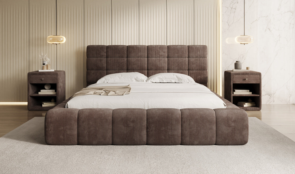 Designer gestoffeerd bed Marshmallow in Ribstof met opbergruimte