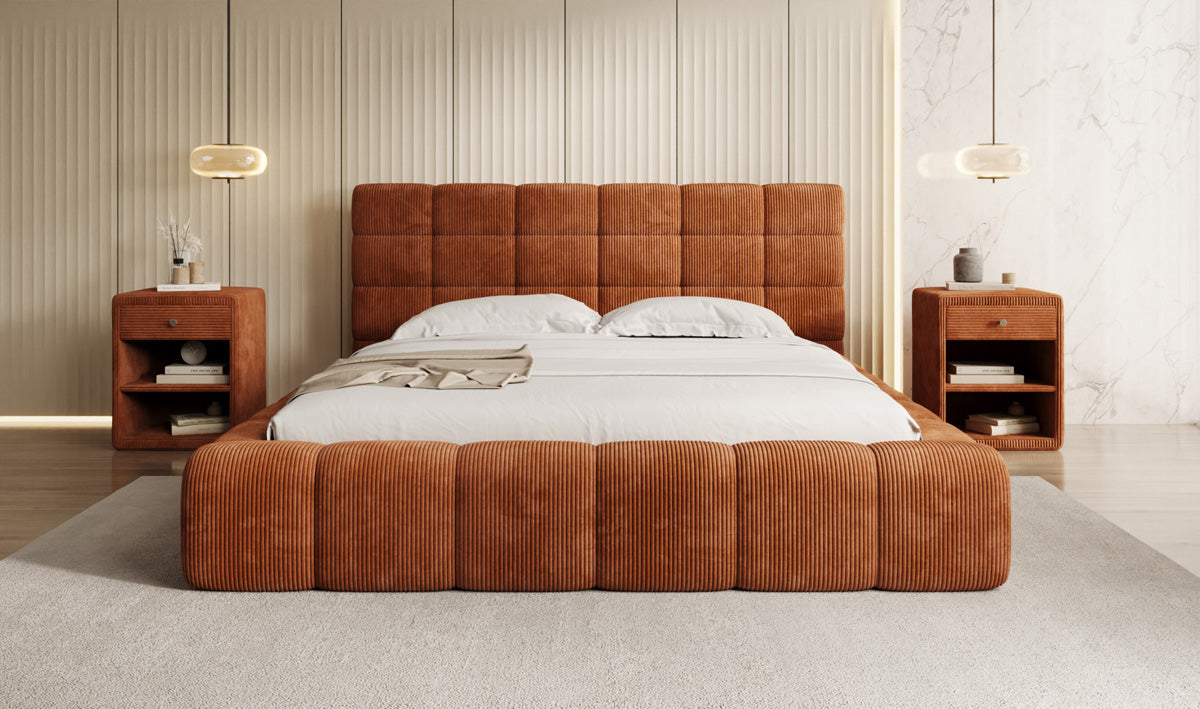 Designer gestoffeerd bed Marshmallow in Ribstof met opbergruimte