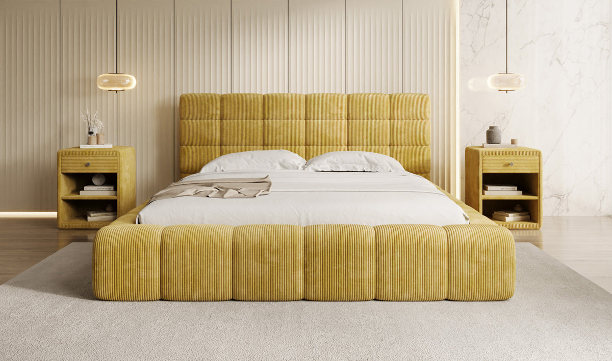 Designer gestoffeerd bed Marshmallow in Ribstof met opbergruimte