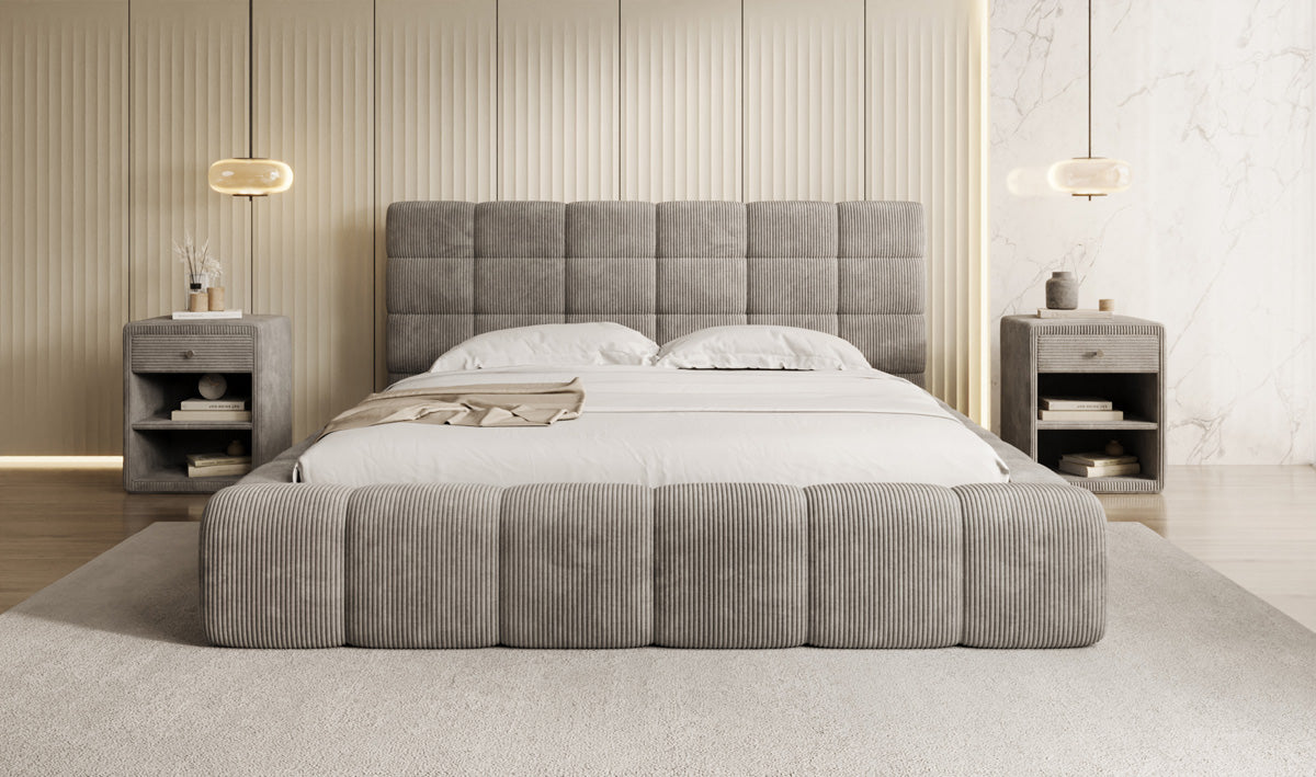 Designer gestoffeerd bed Marshmallow in Ribstof met opbergruimte