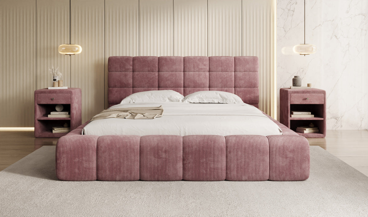 Designer gestoffeerd bed Marshmallow in Ribstof met opbergruimte