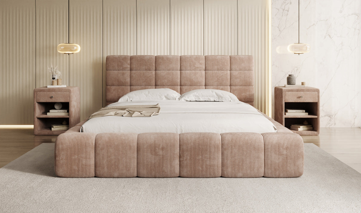 Designer gestoffeerd bed Marshmallow in Ribstof met opbergruimte