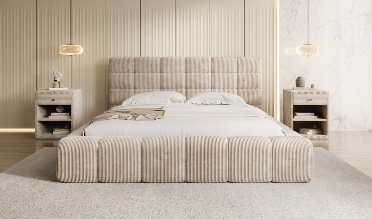 Designer gestoffeerd bed Marshmallow in Ribstof met opbergruimte