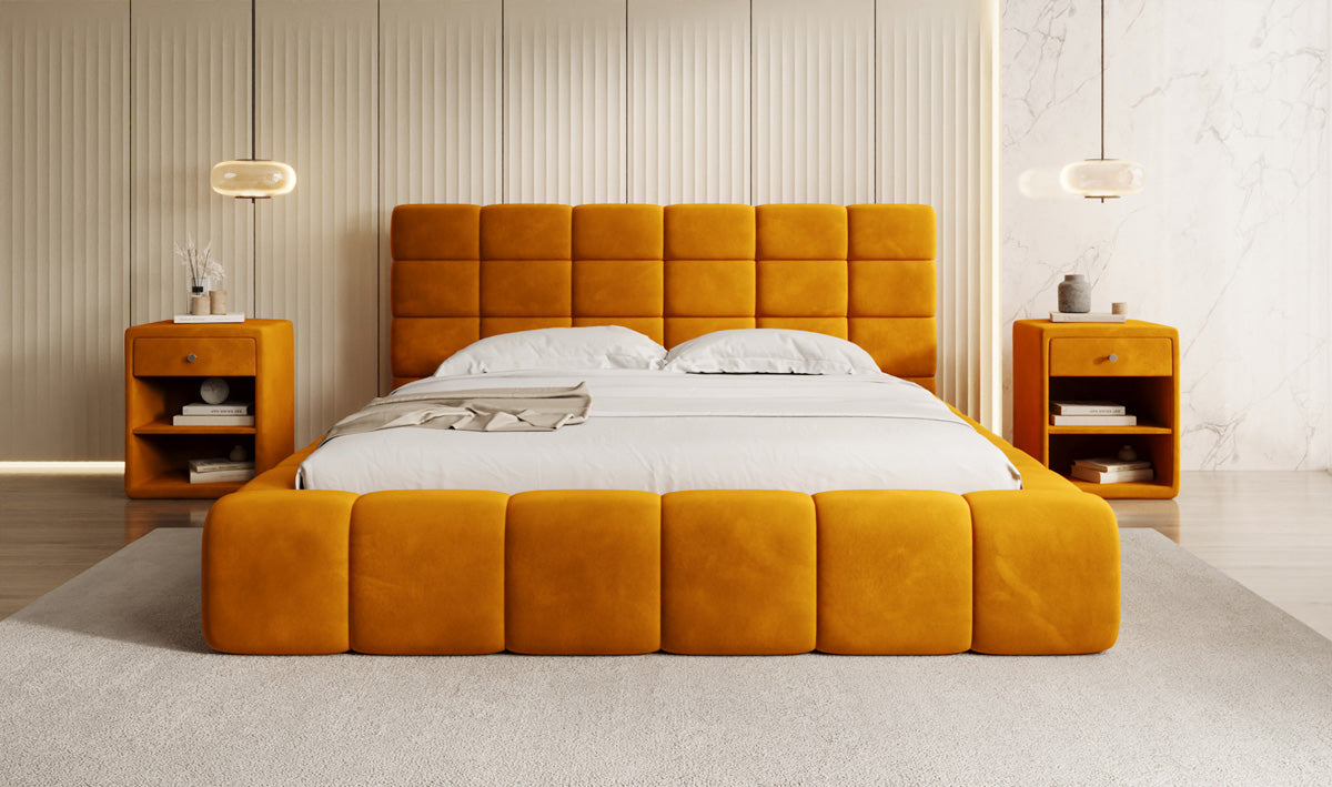 Designer gestoffeerd bed Marshmallow in Fluweel met opbergruimte