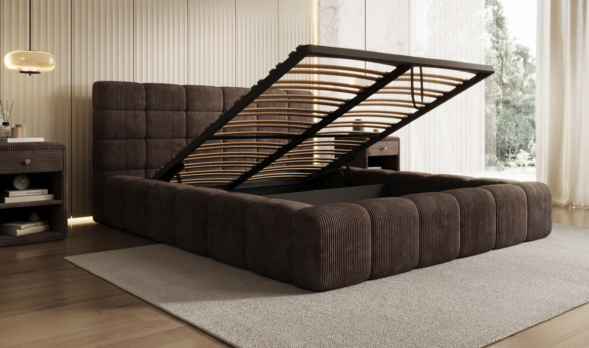 Designer gestoffeerd bed Marshmallow in Ribstof met opbergruimte